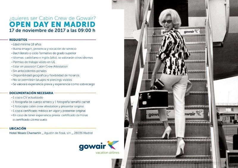 Oferta de empleo para auxiliar de vuelo: Openday de Gowair en Madrid
