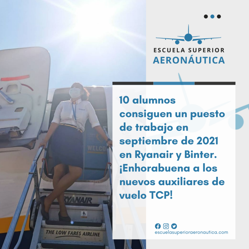 10 alumnos consiguen un puesto de trabajo en septiembre de 2021 en Ryanair y Binter. ¡Enhorabuena a los nuevos auxiliares de vuelo TCP!