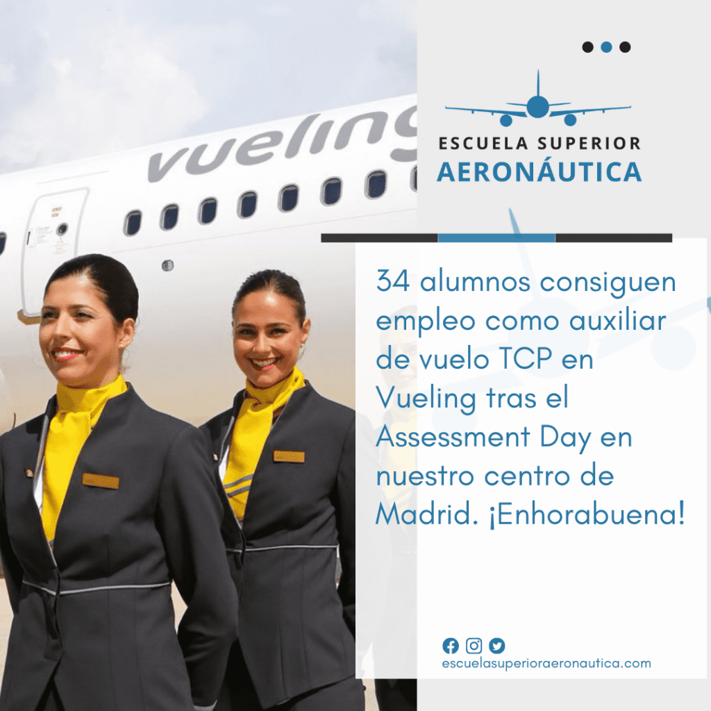 34 alumnos consiguen empleo como auxiliar de vuelo TCP en Vueling tras el Assessment Day en nuestro centro de Madrid. ¡Enhorabuena!