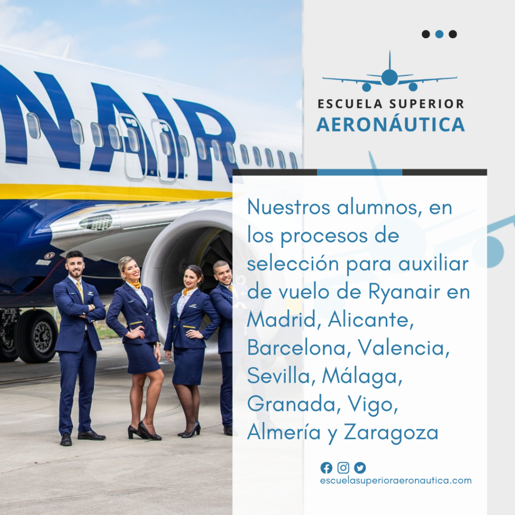 Empleo TCP: Nuestros alumnos, en los procesos de selección para auxiliar de vuelo de Ryanair en Madrid, Alicante, Barcelona, Valencia, Sevilla, Málaga, Granada, Vigo, Almería y Zaragoza durante noviembre de 2022